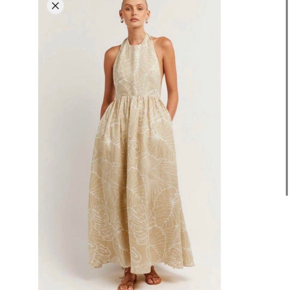 DISSH Cream Halter Maxi Dress with White Leaf Print